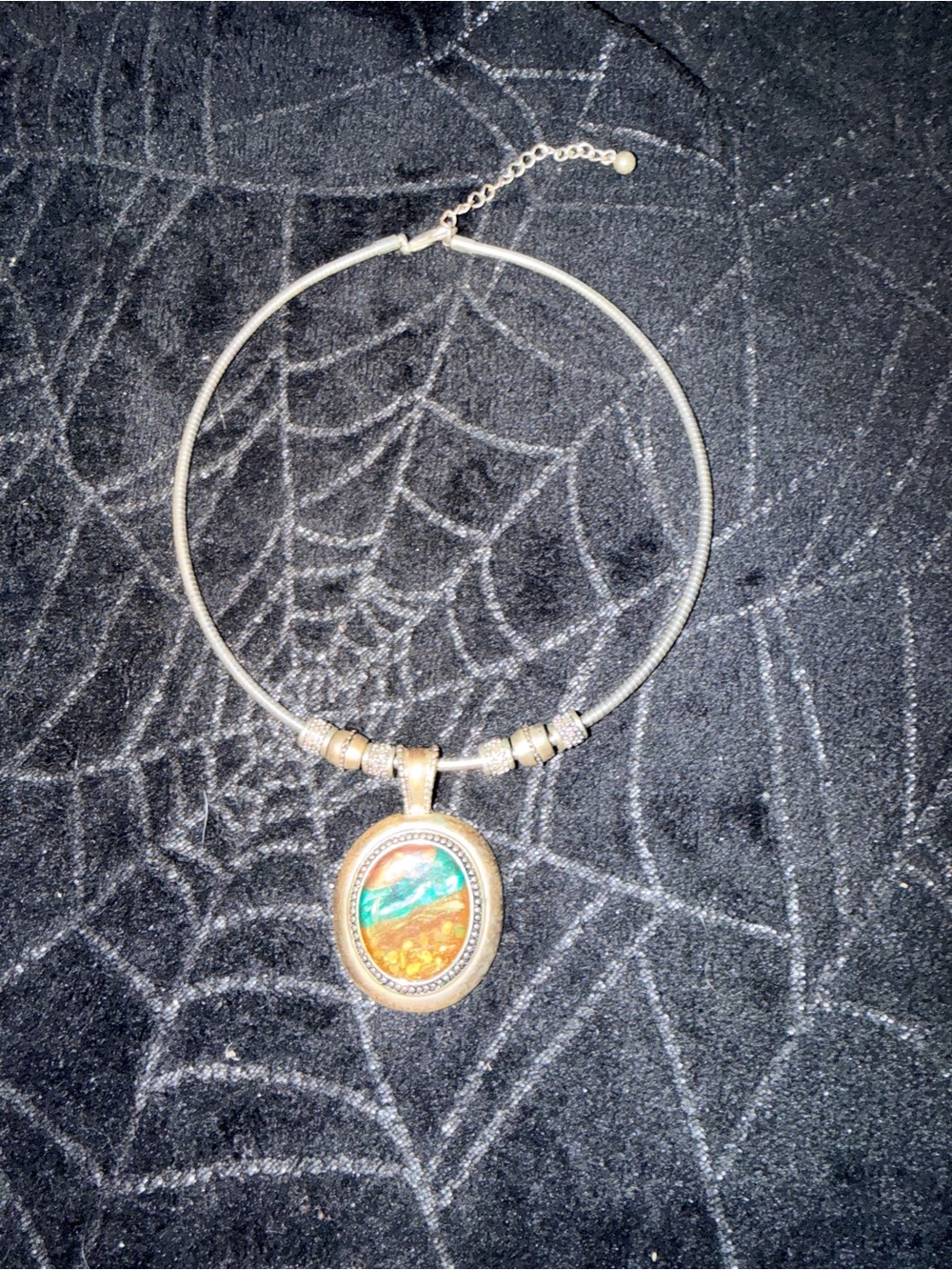 Source Unknown Silver Necklace with Multicolor Opal-Look Pendant
